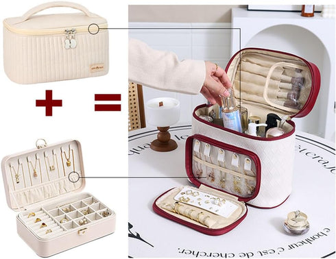 Makeup Bag and Jewelry Bag, 2 In 1 Travel Makeup Organizer with Jewelry Bag Waterproof Travel Cosmetic Bag Case for Makeup, Cosmetics Brushes, Nec...