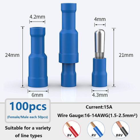 smseace 100Pcs Blue Bullet Connectors 16-14AWG Bullet wire connectors Female&Male Bullet Butt connector for Automotive Boat Stereo Industrial equi...