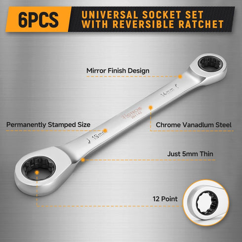 Hoteche 6-in-1 Double Box Ratchet Wrench Set Compact Universal Socket Set Metric 8-19mm, Cr-V Steel, 72-Teeth...