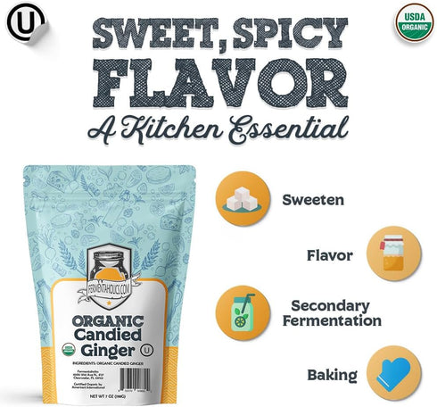 Fermentaholics USDA Certified Organic Dried Candied Ginger 7 oz - Perfect For Secondary Fermentation & Kombucha Flavoring...