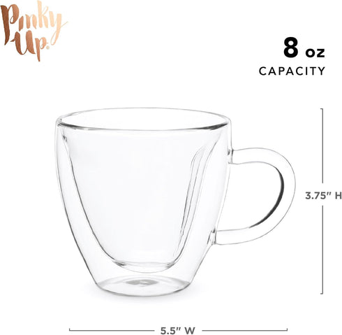 Pinky Up Kendall Heart Shaped Glass Tea Cups with Handle, Double Walled Coffee Mugs, Drinking Glasses for Hot Chocolate Milk, Latte, Eggnog, Cockt...