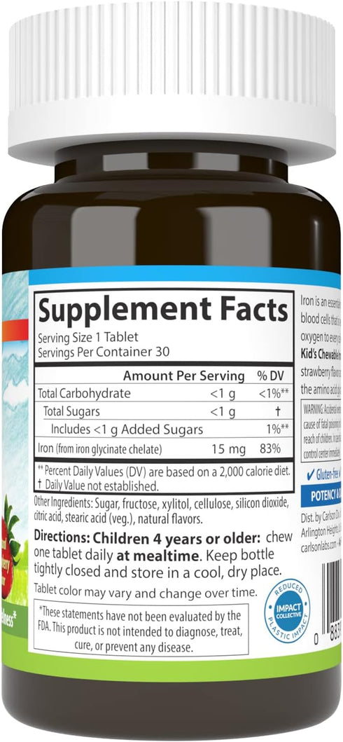 Carlson - Kid's Chewable Iron, 15 mg, Superior Absorption, Blood Health, Energy Production & Optimal Wellness, Natural Strawberry Flavor, 30 Table...