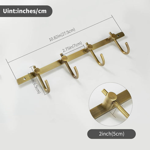 WINCASE Brass Towel Hook Rack, Brushed Brass Wall Hook Rack, Antique Brass Row Hooks with 4 Hooks Rustic Wall Mounted...