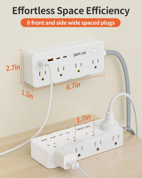 Power Strip Surge Protector, 5FT Braided Extension Cord with Multiple Outlets-8 AC Outlets 4 USB Ports (2 USB C), Flag Plug Charging Station, 1700...