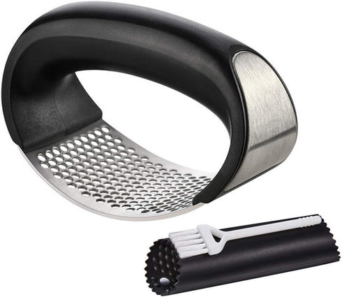 Garlic Press Rocker Stainless Steel, 3-in-1 Garlic Mincer+ Garlic Peeler Silicone+ Brush, Garlic Pounding Tool Mincer Masher Clove Mincing Crusher...