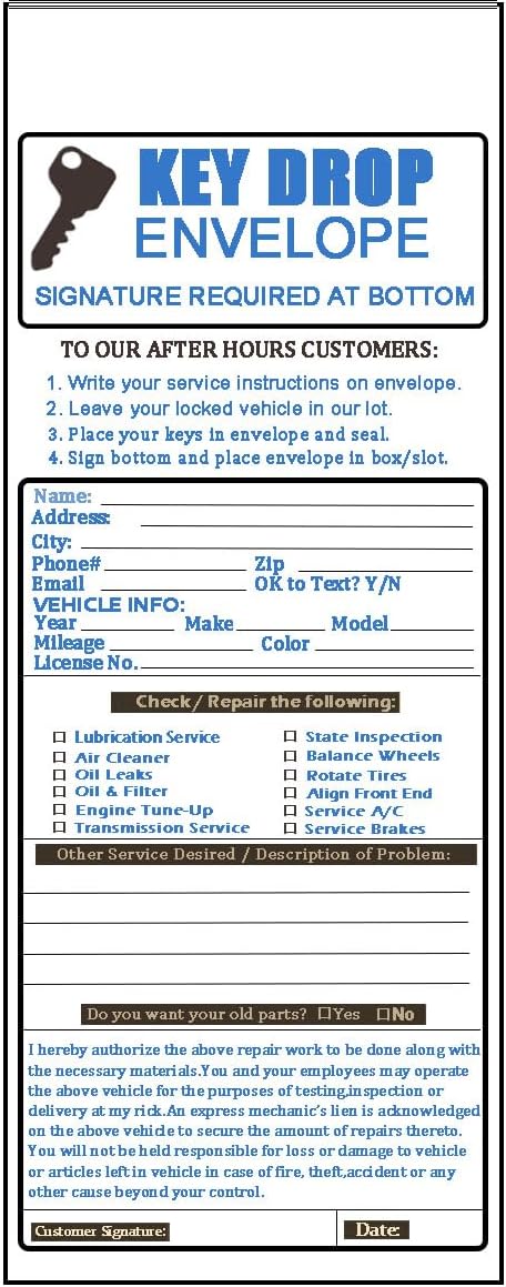 Key Drop Envelopes Auto Shop Repair Service Drop Box Self Adhesive Envelopes 4 1/8 x 9 1/2 Inches Automotive Mechanic Night Drop Box Envelopes for...