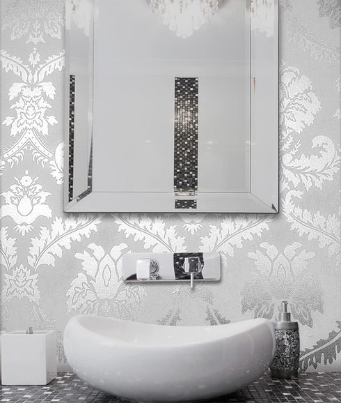 8359 Silver Damask Peel and Stick Wallpaper 17.7 in × 9.8ft Removable Self Adhesive Contact Paper Vinyl Film for Furniture Renovation and Home Dec...