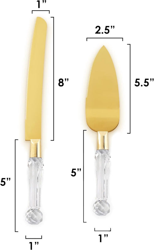 Wedding Cake Knife and Server Set Gold, Cake Cutter and Pie Spatula, Cake Server and Knife Set of 2 with Crystal Handles, 1.2mm Thick Blades, Cutt...