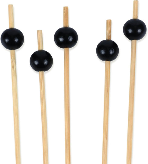 BambooMN Decorative Ball End Cocktail Fruit Sandwich Picks Skewers for Catered Events, Holiday's, Restaurants or Buffets Party Supplies - 4.7" Bla...