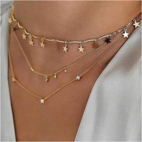 Chargances Bohemia Moon and Stars Necklace for Women Gold Laying Choker Necklace for Weeding Dating Prom Festival Delicate stars Moon Crescent Jew...