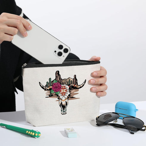 Western Makeup Bag Cow Skull Cosmetic Bag Western Gifts for Women Western Stuff Cowgirl Gifts Retro Zipper Pouch for Mothers Day Graduation Birthd...