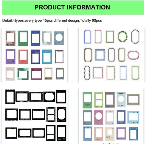 60Pcs Scrapbook Sticker Photo Frame PET Decorative Decal Stickers Paper for DIY Scrapbooking Planner Journal Notebook Photo Album Art Hand Craft B...