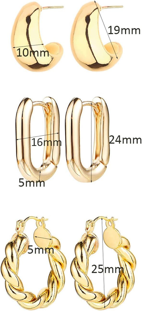 14K Gold Hoop Earrings for Women, Hypoallergenic Chunky Gold Hoop Earrings Multipack, Lightweight Twisted Huggie Hoops Earring Set Jewelry for Gif...
