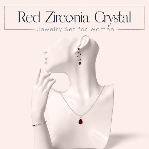 Crystalline Azuria Teardrops Set with Red Zirconia Crystals Necklace 18 inches Dangle Earrings Bracelet 18K White Gold Plated...