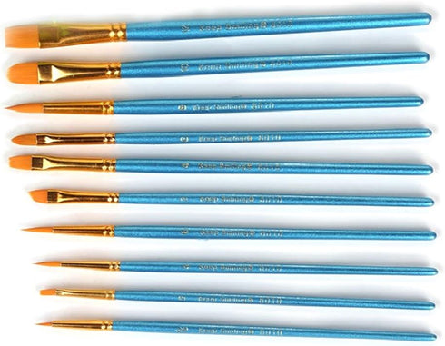 1 Set of 10 Pieces Synthetic Hair Paint Brushes, Blue, for Acrylic, Oil and Watercolor Painting...