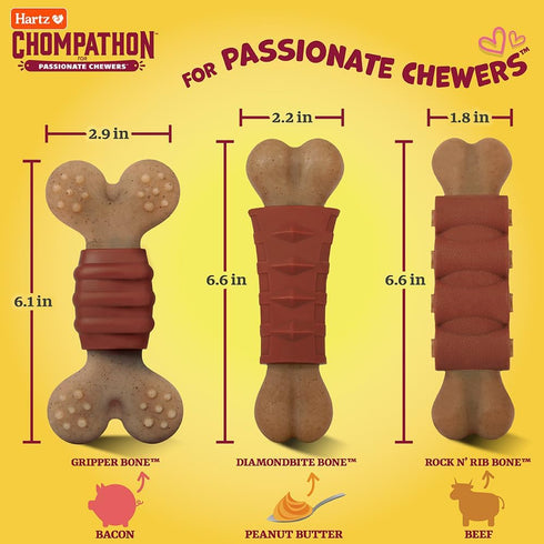 Hartz New Chompathon Gripper Bone Dog Chew Toy for Aggressive Chewers, Double Layered Flavored with Chicken & Bacon...