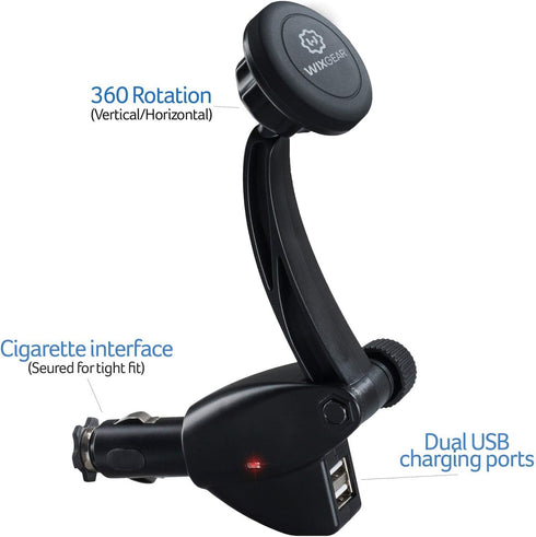 WixGear Car Mount Charger, Universal Magnetic Car Charger Socket Mount Holder, with Dual USB Charger, for Cell Phones and Mini Tablets with Fast S...