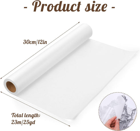 Tracing Paper Roll 12in x 25yd, White Trace Paper Pattern Paper Translucent Tracing Paper for Sewing, Drawing, Sketching, Gift Wrapping...