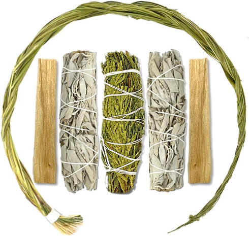 Sweetgrass Braid Smudge Kit with Sage Sticks, Cedar Smudge & Palo Santo Sticks for Smudging. Sweet Grass Braided to 14". Smudging Kit with Sweet G...