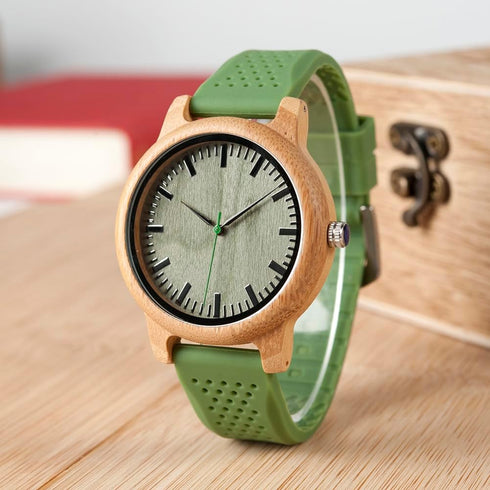BOBO BIRD Mens Womens 44mm Big Neutral Bamboo Wooden Watch Unisex Japan Analog Quartz Green Silicone Strap Sports Casual Watches with Wood Box...