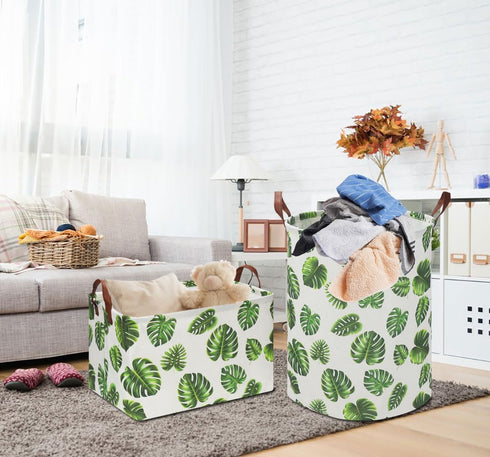 Rectangle Storage Basket with Handles,Collapsible Kids Toys Bin,Cute Baby Storage Basket,Books Box,Gift Basket(Green Monstera)...