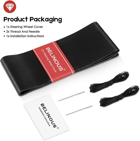 Leather Steering Wheel Cover Lace Up, Stitch On Wrap, Universal Fit 13-20 inch Car Truck SUV Pickup Boat, A Whole Piece of Cowhide, DIY Stitch w/N...