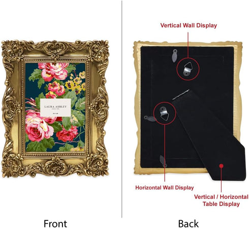 Laura Ashley 4x4 Gold Ornate Textured Hand-Crafted Resin Picture Frame with Easel & Hook for Tabletop & Wall Display, Decorative Floral Design Hom...