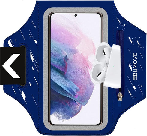 Running Armband with Headset Bag for Samsung Galaxy S25, S24, S23,S22,Zipper Slot Car Key Holder, Workouts Sports Phone Arm Band (Blue)...