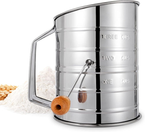 Flour Sifter, 3 Cup Flour Sifter for Baking Fine Mesh Rotary Hand Crank with Loop Agitator for Quick Sifting, Flour Sifter Stainlees Steel, Crank ...