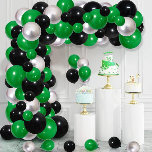 Green Black Silver Balloon Garland Arch Kit, Green Black Balloons Metallic Silver Balloons Video Game Birthday Decorations for Football Video Game...