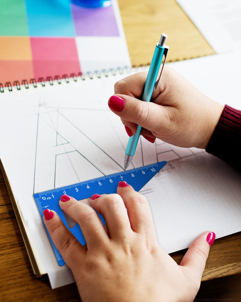 Triangular Ruler Set, 4+1Pieces Aluminum Alloy Ruler, Metal Drafting Ruler, Geometric Protractor for Student, School Office Supplies (Sky blue, 20...