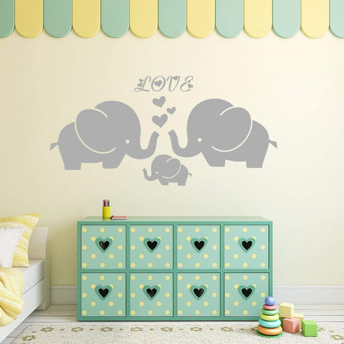 Large Cute Elephant Family with Hearts Wall Decals Baby Nursery Decor Kids Room Wall Stickers, (Large) 40''W x19''H, Grey...
