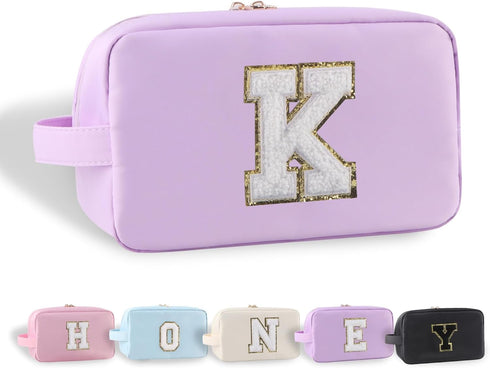 Initial Travel Cosmetic Bag With Glitter Chenille Portable Water-resistant Toiletry Bags for Travelling Nylon Cosmetic Bag Makeup Organizer Pouch ...