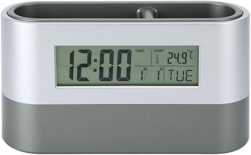 Electronic Pencil Cup, Backlight Calendar Snooze Pen Stationery Storage Holder Multifunctional Desk Clock Digital Screen Alarm with LCD Display Th...