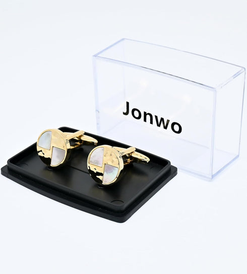 14K Gold Plated Natural Mother of Pearl Cufflinks for Men Lady Water Ripples Pattern Round Golden Men's Cufflinks Jewelry for Wedding Anniversary ...