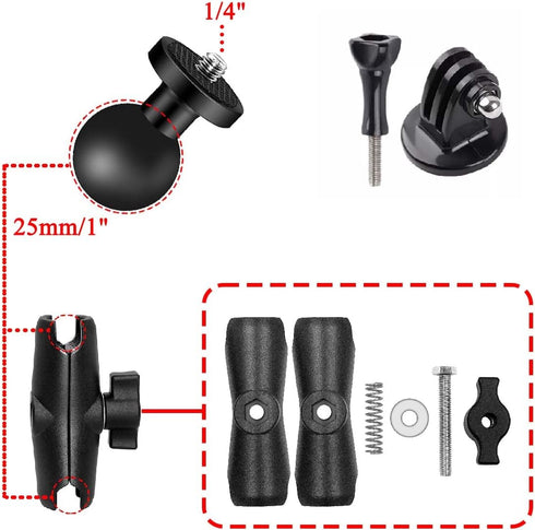 Motorcycle Camera Mount for Gopro, Handlebars Mount 1"/25mm Ball Mount Compatible with RAM Mounts B Size, for GoPro Hero11/10/9/8...4, Insta360 ON...