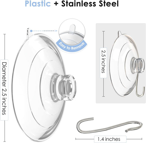 HangerSpace Suction Cup Hooks, 2.5 Inches Clear Suction Cups with Metal Hooks Large Suction Cup for Kitchen Bathroom Shower Wall Window Door - 8 P...