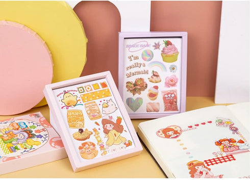 Kawaii Washi Stickers Set (50 Sheets) Cute Girl Pets Sweet Food Drink Adhesive Label Decorative Sticker for Scrapbooking Journaling Journal Planne...