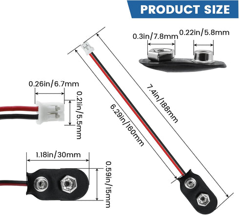 SDTC Tech 3 Pack 9V Battery Snap to 2-Pin PH2.0 Connector Cable I Type Battery Clip Lead Wire (15cm)...