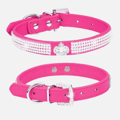 Pimaodog Cute Dazzling Sparkling Elegant Fancy PU Leather Bling Rhinestone Crystal Jeweled Pet Cat Dog Puppy Collar (S:21-27cm, Hot Pink-1)...