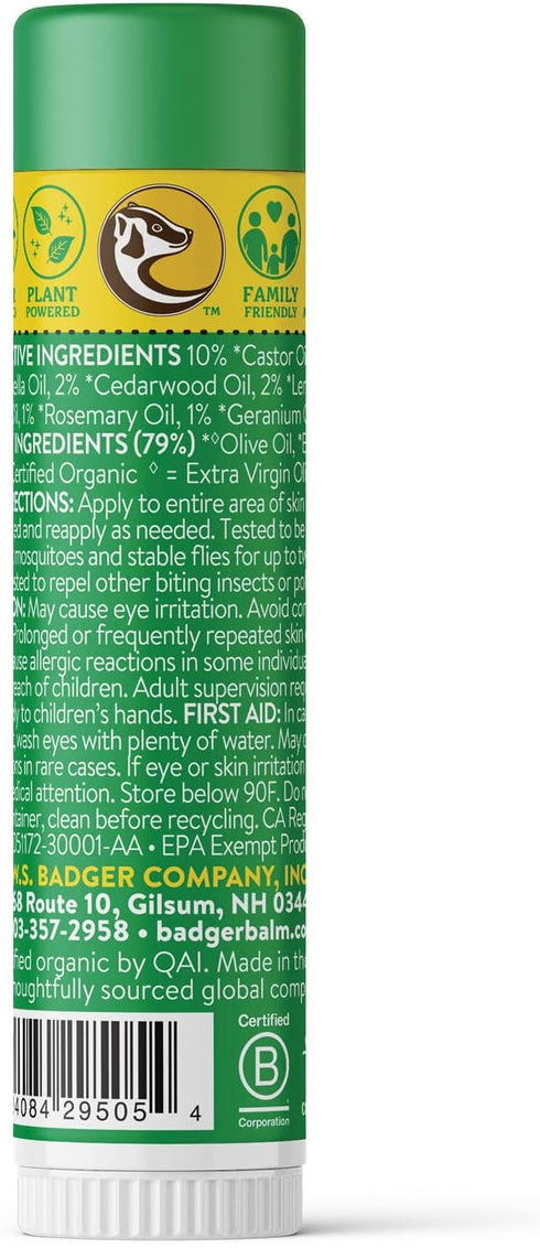 Badger Bug Repellent Stick, Non-DEET Mosquito Repellent with Citronella & Lemongrass, Easy to Use Travel Size, Natural Insect Repellent for Kids a...