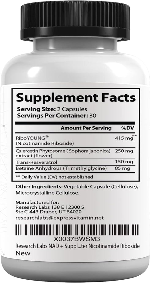 Research Labs NAD+ Supplement 2 for 1 Ad. Proprietary Formula w/Patent Pending RiboYOUNG™. NRF2 Activator, Nicotinamide Riboside, Quercetin, Resve...