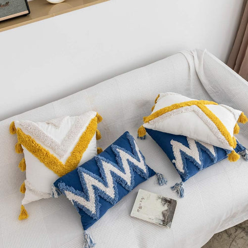 vctops Geometric Embroidery Tufted Throw Pillow Covers 18x18 Inch Farmhouse Cotton Canvas Woven Tufted Tassel Cushion Covers Home Decor (Mustard Y...