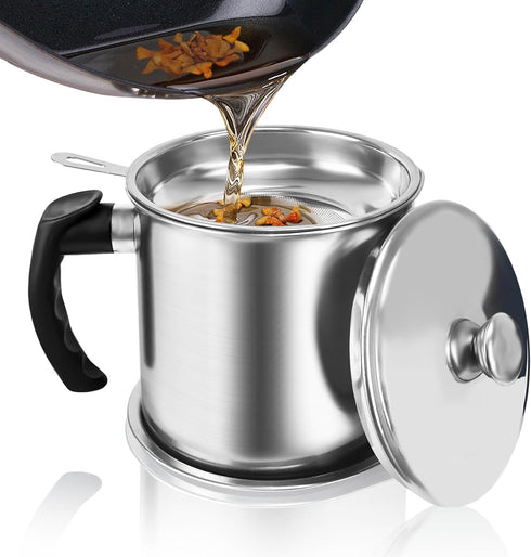 Bacon Grease Container With Strainer,1.3L(46 fl. oz.) Kitchen Stainless Steel Oil Container Can with Strainer and Anti-slip coaster tray for Store...