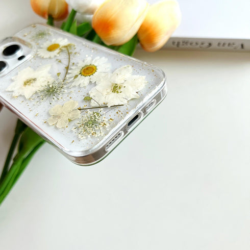 for iPhone 15 Pro Max Clear Case with Pressed Real Flowers Design,Glitter Cute White Floral Pattern Slim Soft TPU Protective Women Girl's Phone Co...