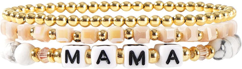 MAMA Bracelet Dainty Gold Crystal Beaded Bracelets Set for Women Stackable 14K Gold Plated Beads Nature Stone Layered Stretch Bracelets Mother's D...