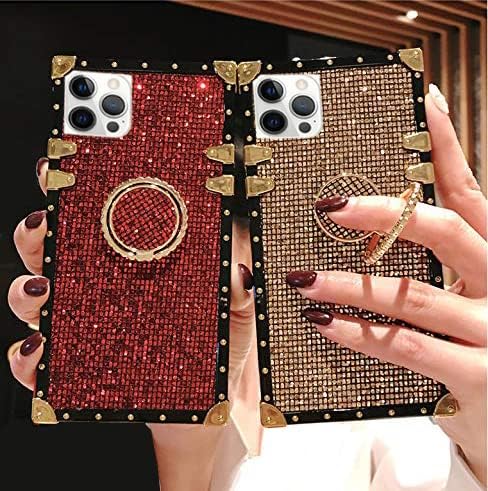 for iPhone 12 Pro Max 6.7" Bling Case Luxury Box Trunk Design Glitter Cute Gold Corner Soft TPU Cover with Ring Kickstand Holder Phone Skin,Gray...