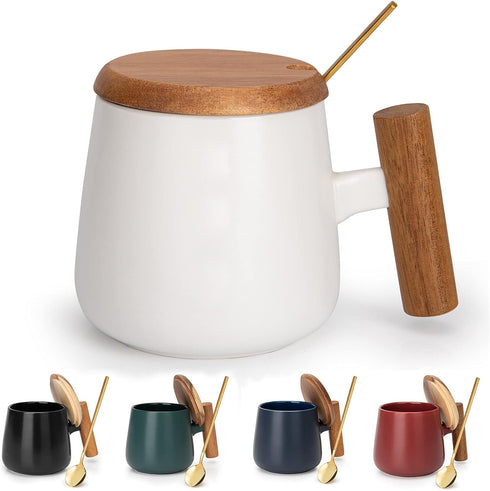 Ceramic Coffee Mug,Tea Cup for Office and Home,14 Oz Cup with Lid and Coffee Spoon, Fathers Day, Birthday Gifts for Women and Men, 1 Pack (White)...