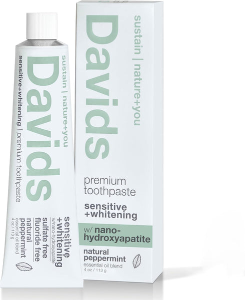Davids Fluoride Free Nano Hydroxyapatite Toothpaste for Remineralizing Enamel & Sensitive Relief, Whitening, Antiplaque, SLS Free, Natural Pepperm...