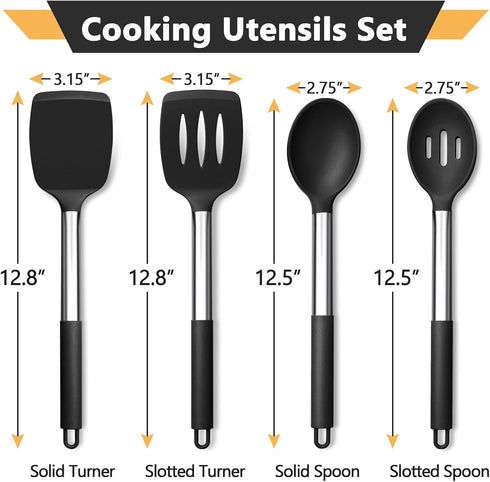 P&P CHEF Black Kitchen Cooking Utensil Set of 4, Silicone Solid Spatulas Slotted Spoons Turners for Non-stick Cookware Flipping Mixing, Heat-proof...